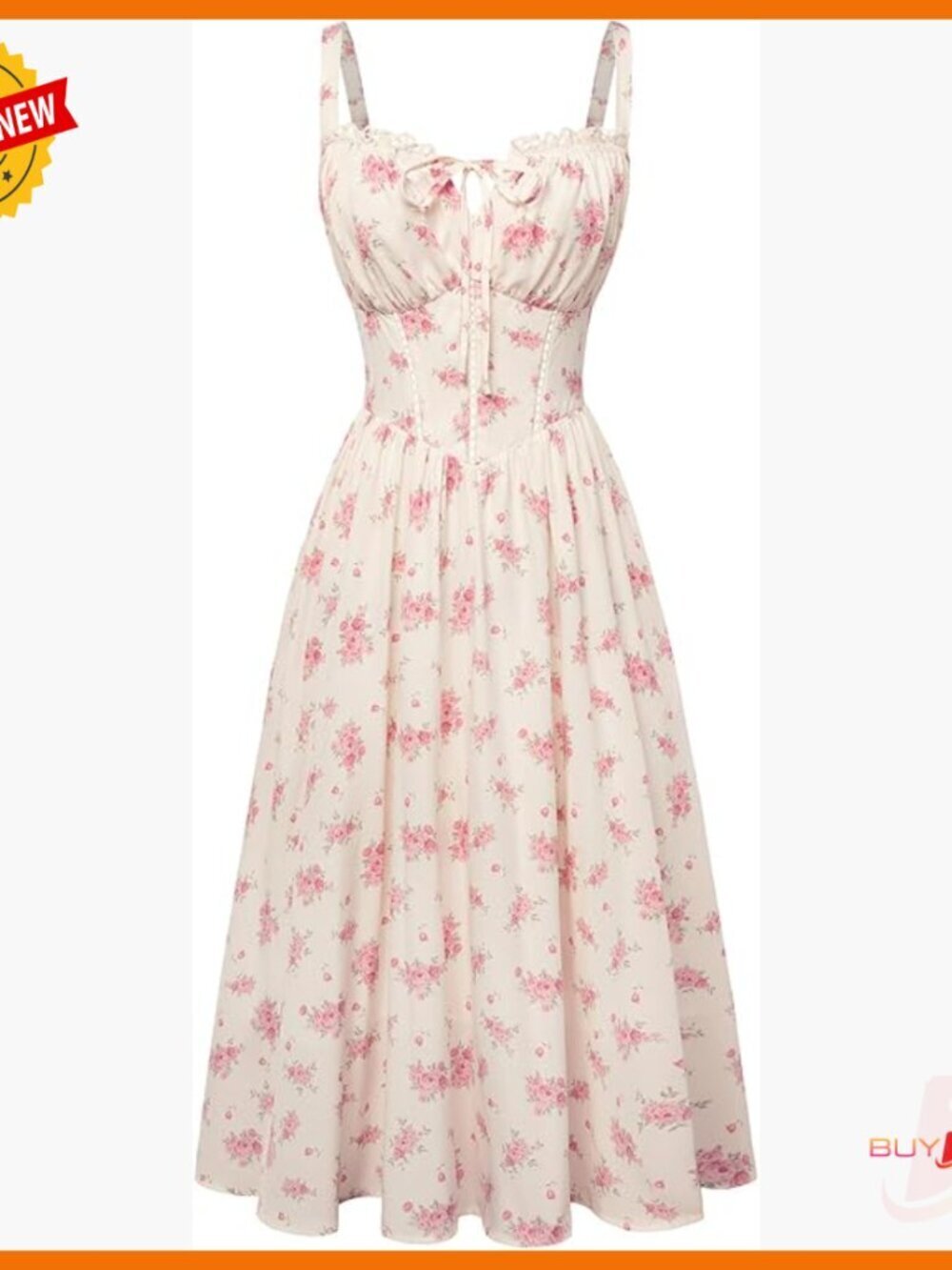 Floral Corset Dress with Pockets, Adjustable Straps, Mid-Calf Length